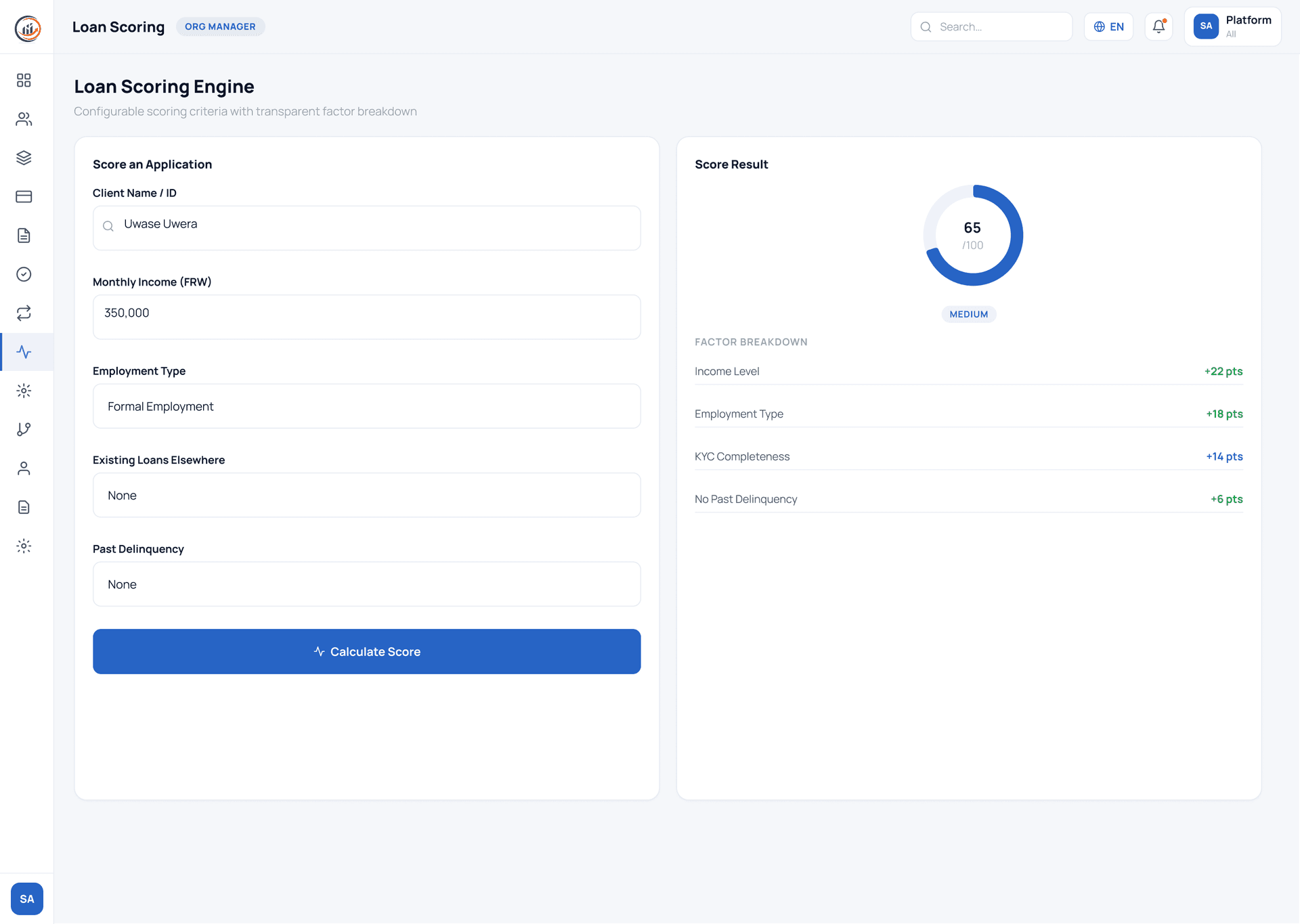 CapitalSuite Loan Scoring screen