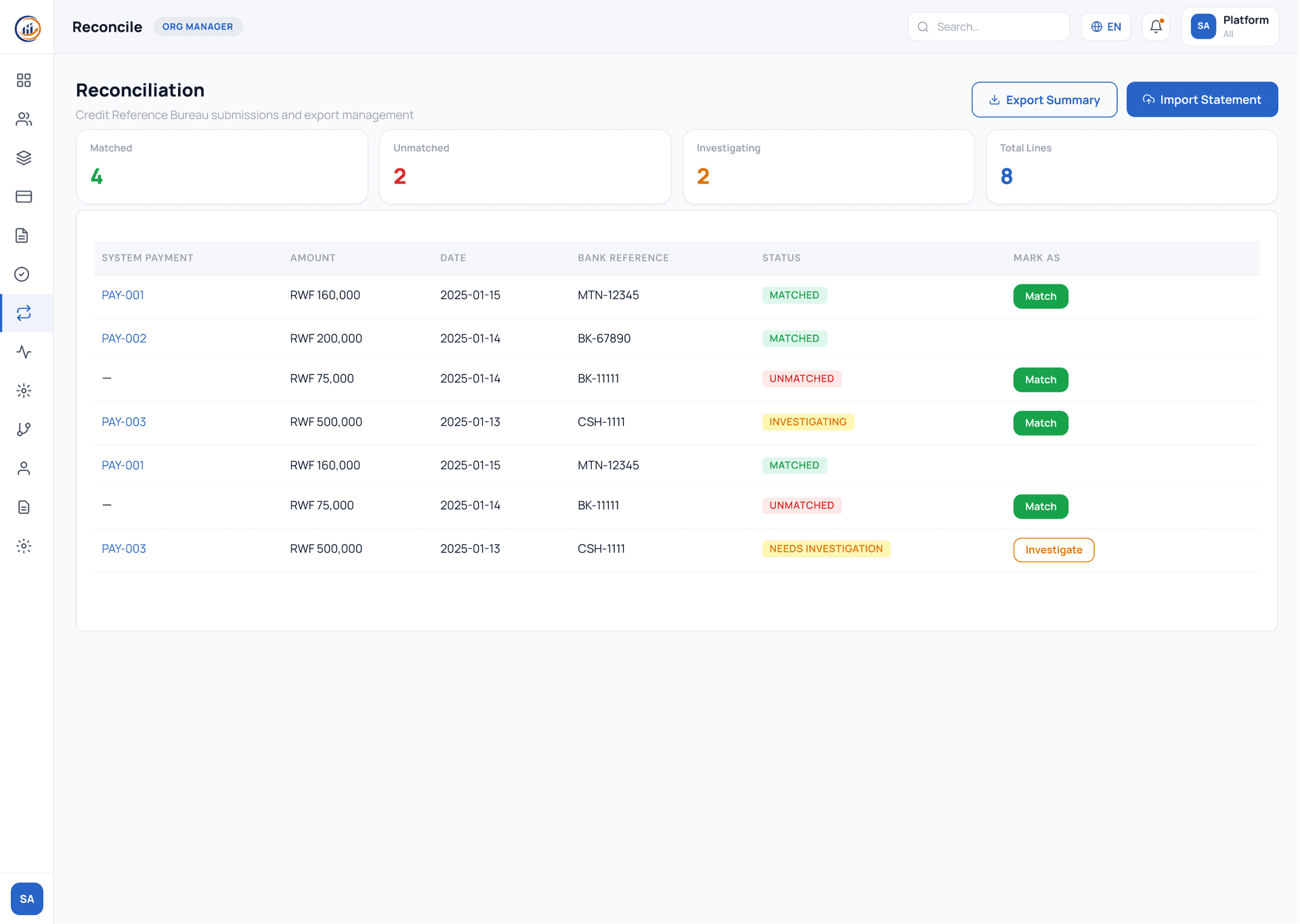 CapitalSuite Reconciliation screen